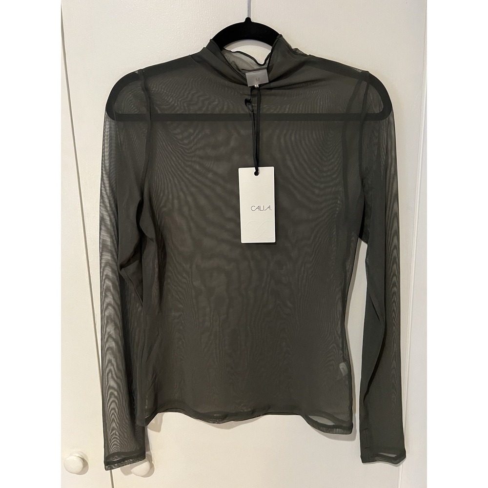 Sheer Mesh Long-Sleeve Mock Neck Top in Olive